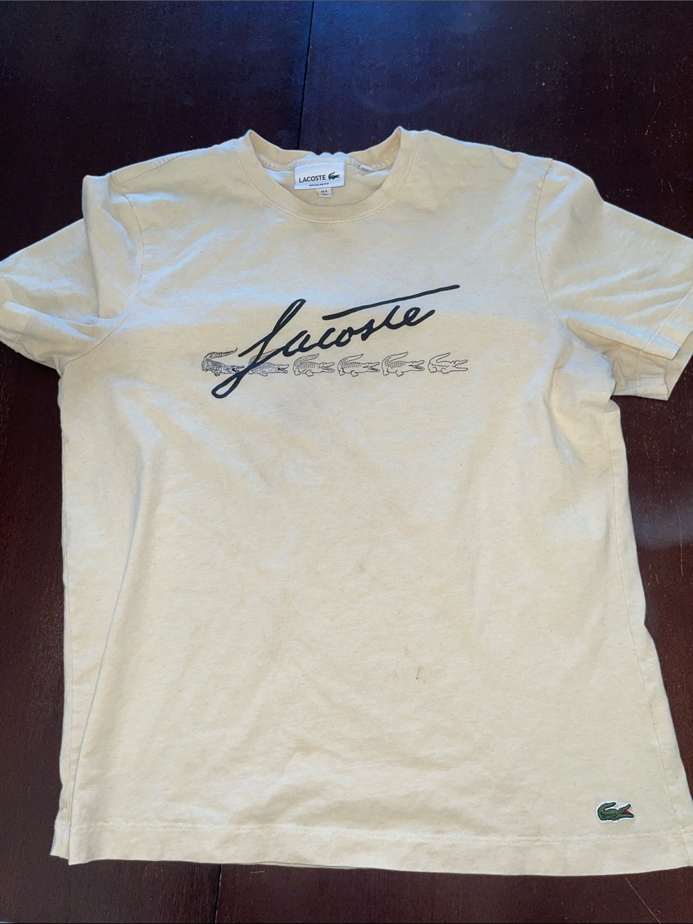 Lacoste Cream Short Sleeve Tee with Script Logo and Crocodile Motifs